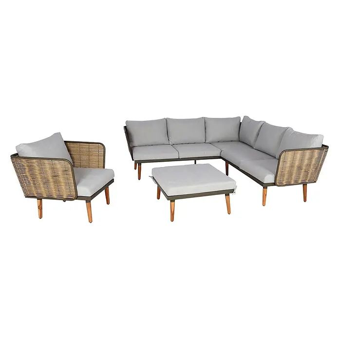 Mendler Loungemöbel-Set HWC-L31 - 4 -tlg., Textil, Hellgrau, Hellgrau - Outdoor Lounge-Set mit hellgrauen Polstern, dunkelgrauem Gestell, Rattan-Akzenten und Holzbeinen. Sessel, Ecksofa, Hocker.