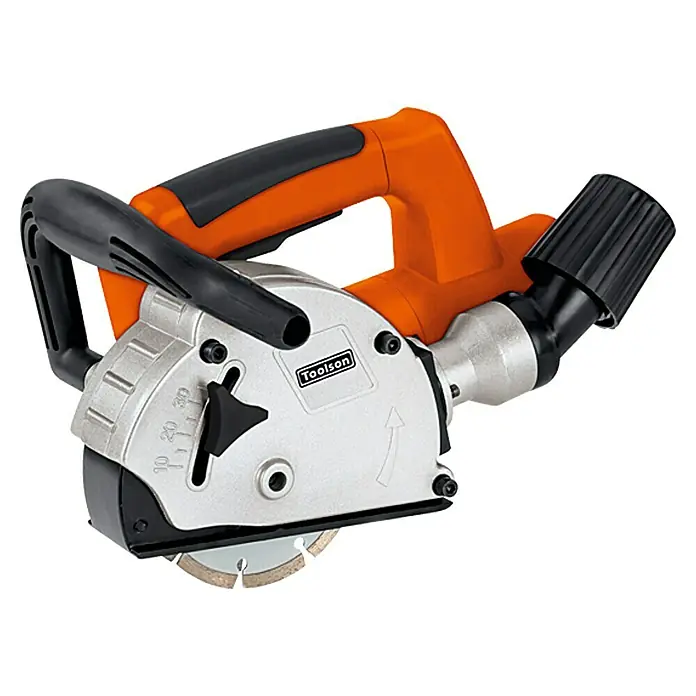Toolson Mauernutfräse Pro-MF 1320 - 1.320 W, Durchmesser Scheibe: 125 mm - Das Bild zeigt eine Mauernutfräse der Marke Toolson in Orange und Silber, ein Werkzeug zum präzisen Schneiden von Schlitzen in Mauerwerk.