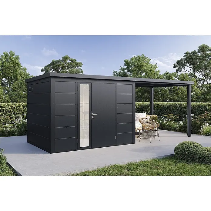 Wolff Finnhaus Gartenhaus Linnea Prime Line - Außenmaß inkl. Dachüberstand (B x T): 580 x 247 cm, Metall, Anthrazit - Dunkelgraues Gartenhaus mit integriertem Pultdach, das einen überdachten Terrassenbereich schafft.