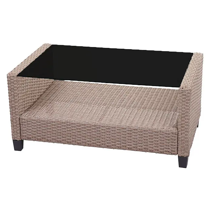 Mendler Loungemöbel-Set HWC-F10 - 4 -tlg., Polyrattan, Grau-braun, Grau, braun - Beiger Couchtisch aus geflochtenem Rattan mit rechteckiger schwarzer Glasplatte und dunklen Füßen.