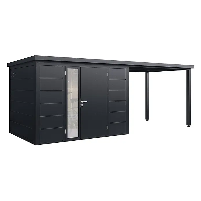 Wolff Finnhaus Gartenhaus Linnea Prime Line - Außenmaß inkl. Dachüberstand (B x T): 580 x 247 cm, Metall, Anthrazit - Anthrazitfarbener Metall-Gartenschuppen mit transparenter Tür und integriertem Carport zur Lagerung und als Unterstand.
