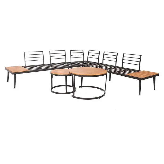 Mendler Loungemöbel-Set HWC-H54 - 3 -tlg., Holz, Braun, Kissen dunkelgrau, Braun, dunkelgrau - L-förmiges Outdoor-Loungeset aus dunklem Metall und hellen Holzlatten, dazu zwei runde Beistelltische.