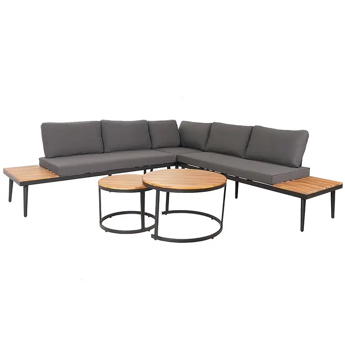 Mendler Loungemöbel-Set HWC-H54 - 3 -tlg., Holz, Braun, Kissen dunkelgrau, Braun, dunkelgrau - Dunkelgraue modulare Outdoor-Lounge-Sitzgruppe mit schwarzem Metallrahmen, hölzernen Beistelltischen und zwei runden Couchtischen.