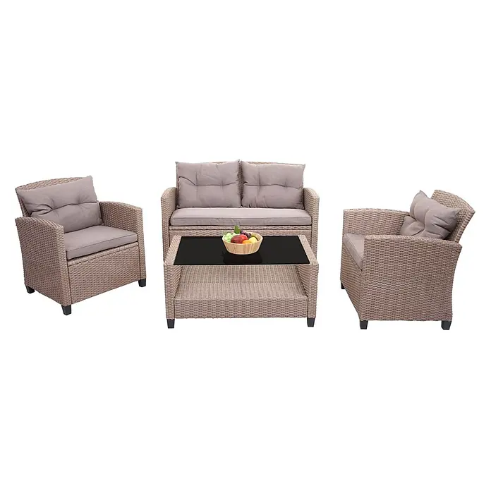 Mendler Loungemöbel-Set HWC-F10 - 4 -tlg., Polyrattan, Grau-braun, Grau, braun - 4-teiliges hellbraunes Rattan-Gartenmöbelset mit beigen Kissen und Couchtisch mit schwarzer Glasplatte.