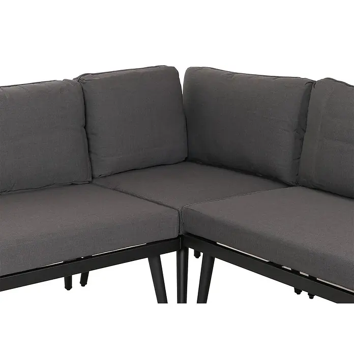 Mendler Loungemöbel-Set HWC-H54 - 3 -tlg., Holz, Braun, Kissen dunkelgrau, Braun, dunkelgrau - Dunkelgraues Ecksofa mit gestreiften Kissen, schwarzem Metallrahmen und Beinen.