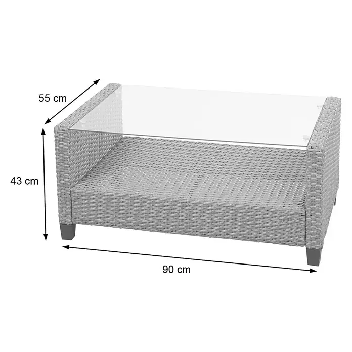 Mendler Loungemöbel-Set HWC-F10 - 4 -tlg., Polyrattan, Grau-braun, Grau, braun - Grauer Rattan-Couchtisch für draußen mit Glasplatte, 90x55x43 cm.