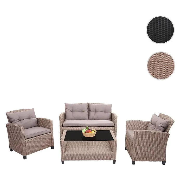Mendler Loungemöbel-Set HWC-F10 - 4 -tlg., Polyrattan, Grau-braun, Grau, braun - Vierteiliges hellbraunes Rattan-Gartenmöbelset mit hellbeigen Kissen und einem Couchtisch mit schwarzer Glasplatte.