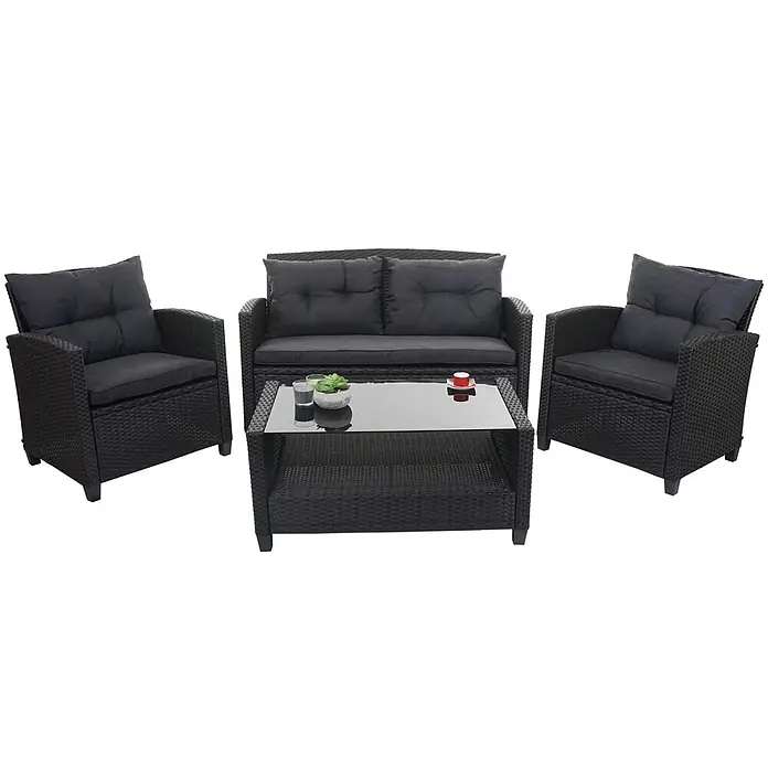 Mendler Loungemöbel-Set HWC-F10 - 4 -tlg., Polyrattan, Anthrazit, Schwarz - Schwarze Rattan 4-teilige Terrassen-Sitzgruppe mit Sofa, zwei Stühlen und Glastisch.