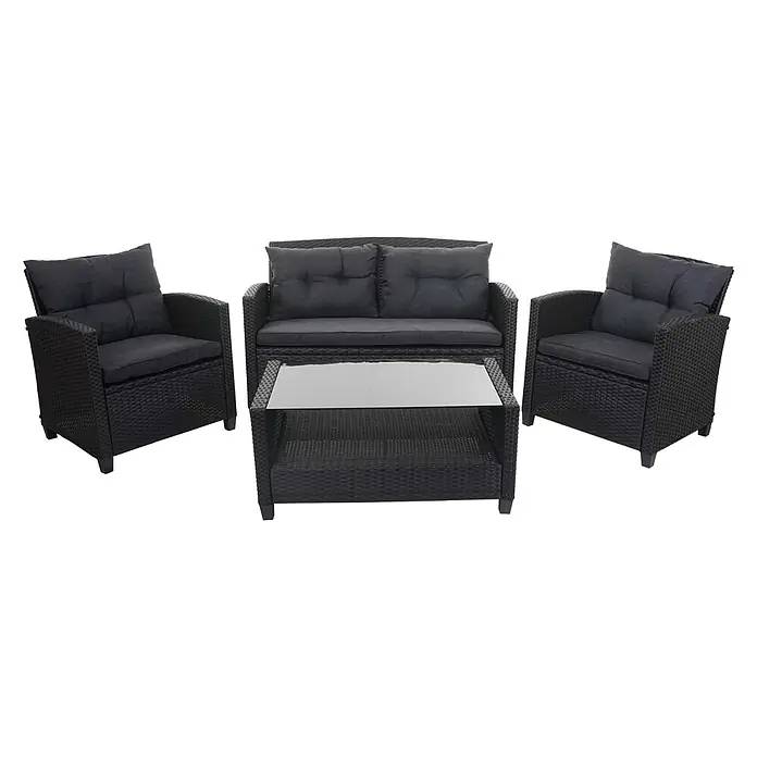 Mendler Loungemöbel-Set HWC-F10 - 4 -tlg., Polyrattan, Anthrazit, Schwarz - Schwarzes Polyrattan-Gartenmöbelset: 2 Sessel, 1 Zweisitzer-Sofa, Couchtisch mit Glasplatte und dunklen Kissen.