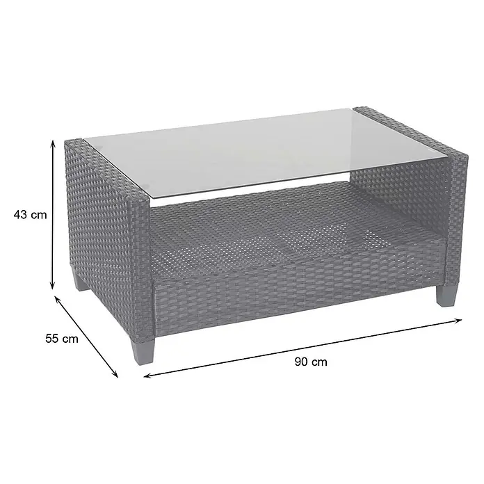 Mendler Loungemöbel-Set HWC-F10 - 4 -tlg., Polyrattan, Anthrazit, Schwarz - Dunkelgrauer Polyrattan Gartencouchtisch mit Glasplatte und Ablagefach.