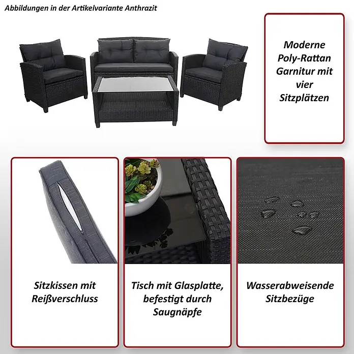 Mendler Loungemöbel-Set HWC-F10 - 4 -tlg., Polyrattan, Anthrazit, Schwarz - Moderne Poly-Rattan Gartenlounge in Anthrazit mit Sofa, zwei Sesseln und Kaffeetisch. Wasserabweisende Kissen mit Reißverschluss.