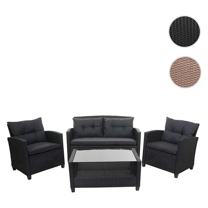 Mendler Loungemöbel-Set HWC-F10 - 4 -tlg., Polyrattan, Anthrazit, Schwarz - Dunkles Rattan-Gartenmöbelset: 2 Sessel, 1 Sofa, 1 Couchtisch mit Glasplatte, alle mit dunkelgrauen Kissen.