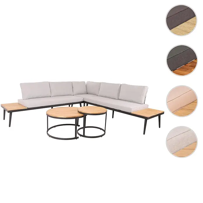 Mendler Loungemöbel-Set HWC-H54 - 3 -tlg., Holz, Hellbraun, Kissen hellgrau, Hellbraun, hellgrau - Gartenlounge-Set mit hellgrauen Kissen, schwarzem Metallrahmen und Holzelementen, inklusive zwei runder Couchtische.