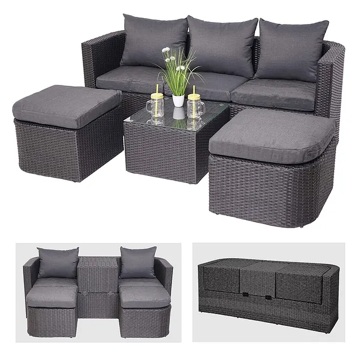 Mendler Loungemöbel-Set HWC-J37 - 4 -tlg., Rattan, Anthrazit, Kissen dunkelgrau, Anthrazit - Graue Rattan-Gartenmöbelgarnitur mit Sofa, Hockern, Glastisch und integriertem Stauraum.