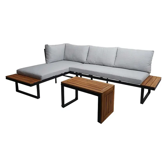 Mendler Loungemöbel-Set HWC-L27 - 3 -tlg., Holz, Hellgrau, Hellgrau - L-förmiges Outdoor-Lounge-Set mit hellgrauen Kissen, schwarzem Metallrahmen und Holzakzenten.
