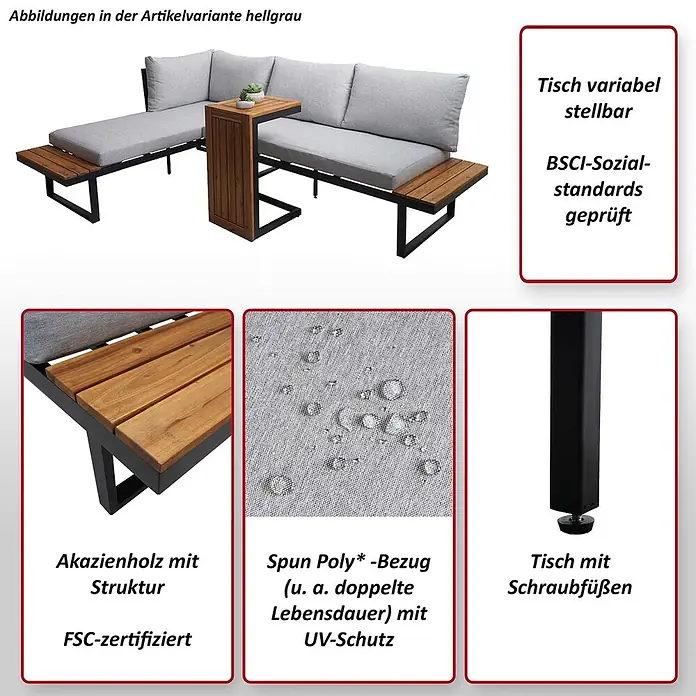 Mendler Loungemöbel-Set HWC-L27 - 3 -tlg., Holz, Hellgrau, Hellgrau - Modulare hellgraue Outdoor-Lounge mit Akazienholz und variablem Beistelltisch. Merkmale: FSC-Holz und wetterfester Stoff.