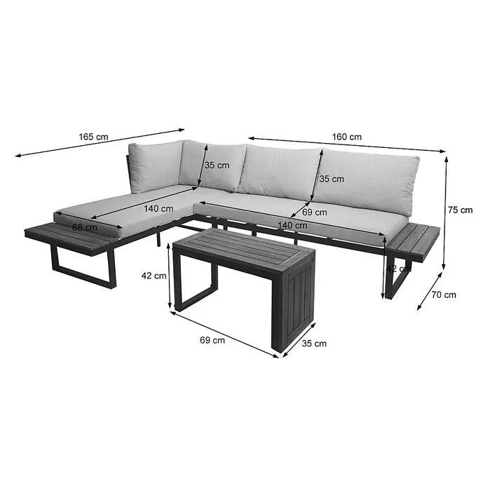 Mendler Loungemöbel-Set HWC-L27 - 3 -tlg., Holz, Hellgrau, Hellgrau - Dunkles Holz- und Metall-Loungeset mit hellgrauen Kissen und passendem Couchtisch für den Außenbereich.