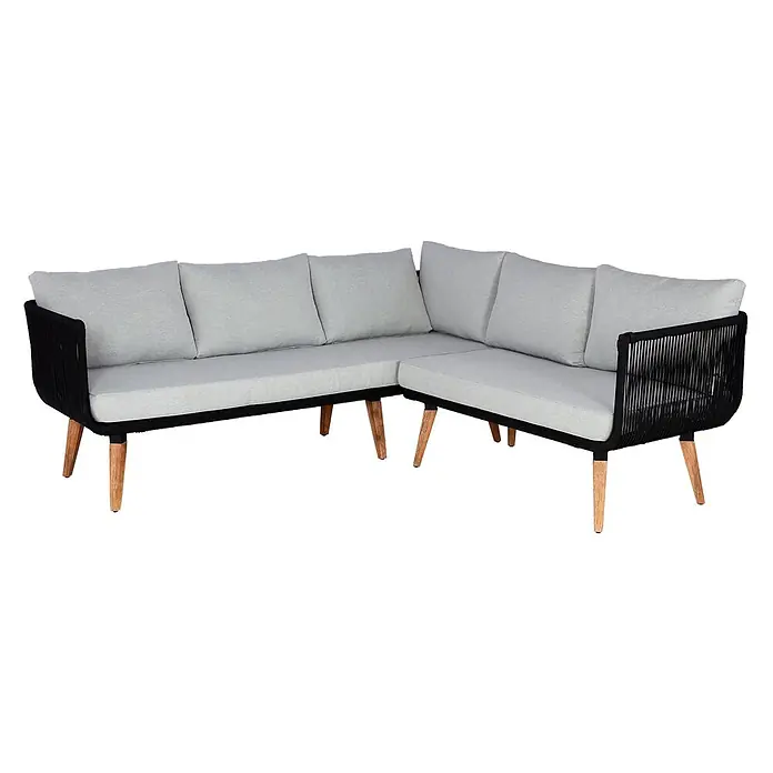 Mendler Loungemöbel-Set HWC-L30 - 3 -tlg., Holz, Polster hellgrau, Hellgrau - L-förmiges Ecksofa mit hellgrauen Kissen, schwarzem Geflechtgestell und naturfarbenen Holzbeinen.