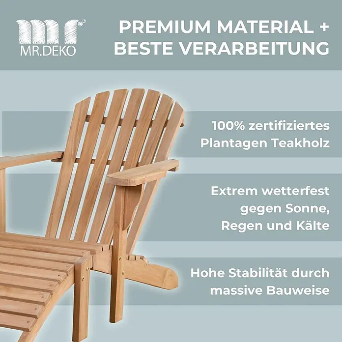 Bene Living Gartenliege Adirondack - braun, Naturmaterialien - Adirondack-Stuhl und Fußhocker aus natürlichem Teakholz, wetterfest und stabil für den Außenbereich.