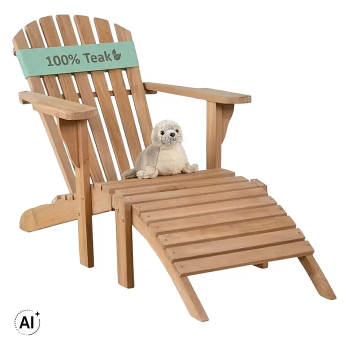 Bene Living Gartenliege Adirondack - braun, Naturmaterialien - Adirondack-Stuhl mit Fußhocker aus 100% Teakholz, darauf sitzt ein Plüschrobben-Spielzeug.