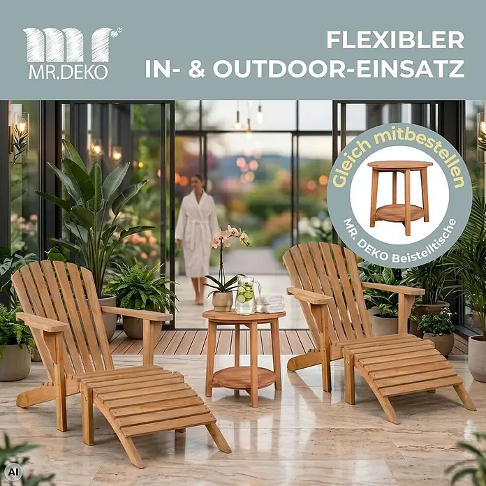 Bene Living Gartenliege Adirondack - braun, Naturmaterialien - Zwei helle Adirondack-Sessel aus Holz mit Fußhockern und passendem runden Beistelltisch, für innen & außen geeignet.