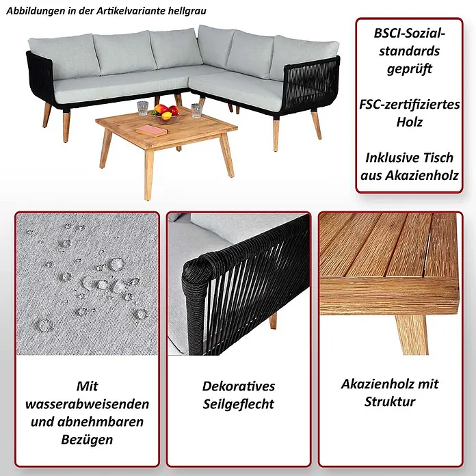 Mendler Loungemöbel-Set HWC-L30 - 3 -tlg., Holz, Polster hellgrau, Hellgrau - Helle L-förmige Gartenlounge mit schwarzem Seilgeflecht, Holztisch und wasserabweisenden Bezügen.