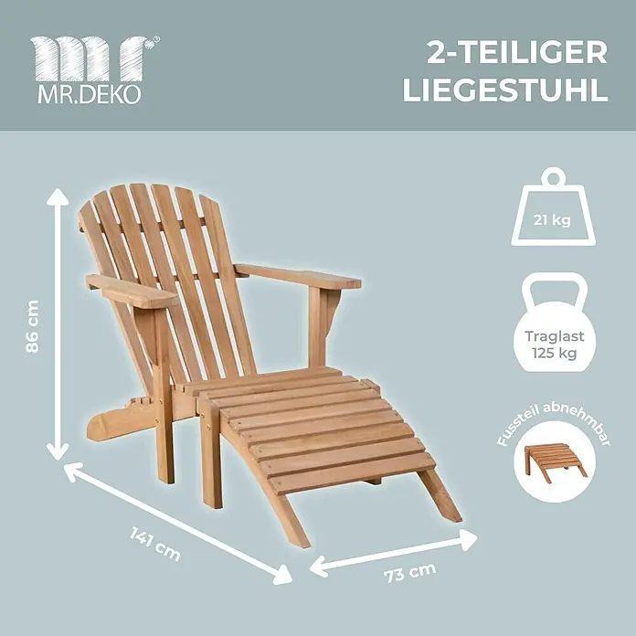 Bene Living Gartenliege Adirondack - braun, Naturmaterialien - Hölzerner 2-teiliger Adirondack-Liegestuhl mit abnehmbarem Fußteil.