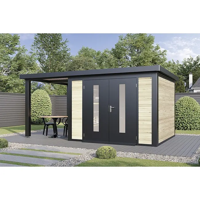 Wolff Finnhaus Gartenhaus Alvar Master Line - Außenmaß inkl. Dachüberstand (B x T): 550 x 272 cm, Holz, Naturhell - Moderner Gartenpavillon mit dunkelgrauem Rahmen, heller Holzverkleidung und Pergola mit Sitzbereich auf einer Terrasse.