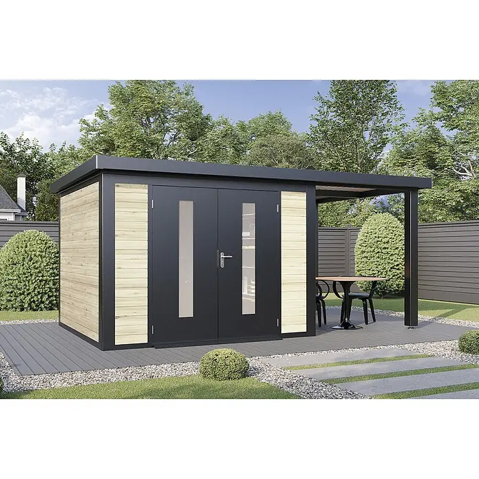 Wolff Finnhaus Gartenhaus Alvar Master Line - Außenmaß inkl. Dachüberstand (B x T): 550 x 272 cm, Holz, Naturhell - Moderner Gartenschuppen mit schwarzen Doppeltüren, heller Holzverkleidung und integrierter Pergola über grauer Terrasse mit Sitzgelegenheiten.