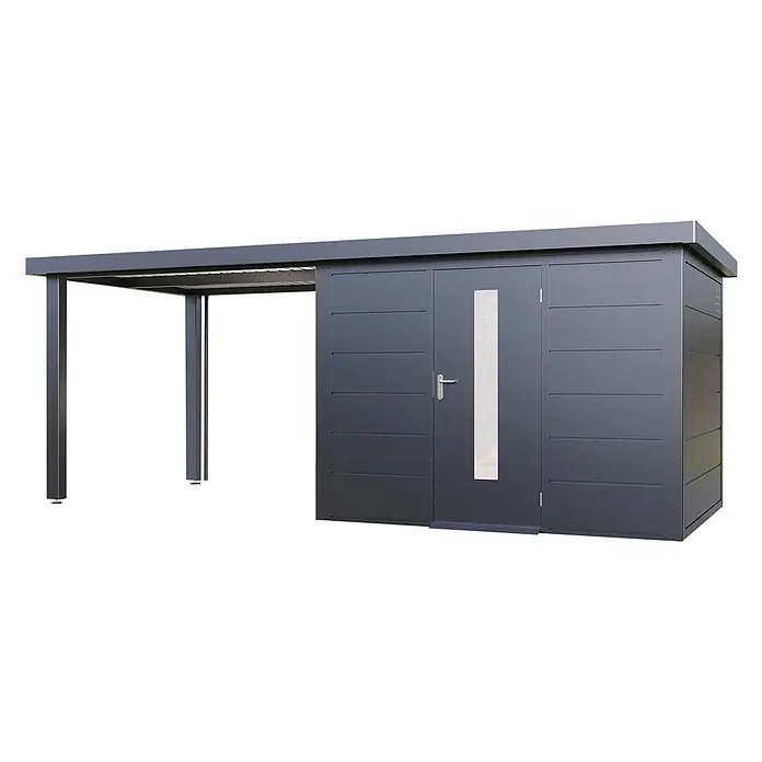 Wolff Finnhaus Gartenhaus Thorin Master Line - Außenmaß inkl. Dachüberstand (B x T): 610 x 272 cm, Metall, Anthrazit - Moderner dunkelgrauer Metallschuppen mit integriertem Carport und Tür mit vertikalem Fenster.