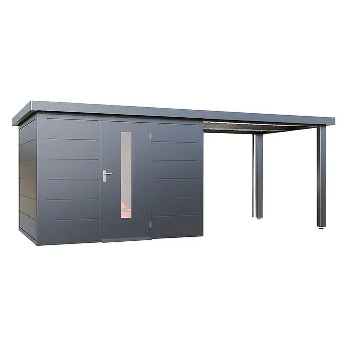 Wolff Finnhaus Gartenhaus Thorin Master Line - Außenmaß inkl. Dachüberstand (B x T): 610 x 272 cm, Metall, Anthrazit - Dunkelgraues Metall-Gartenhaus mit integriertem Carport und Tür mit vertikalem Fenster.