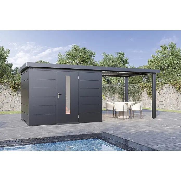 Wolff Finnhaus Gartenhaus Thorin Master Line - Außenmaß inkl. Dachüberstand (B x T): 610 x 272 cm, Metall, Anthrazit - Dunkelgraues modernes Gartenhaus mit integrierter Pergola auf Holzterrasse am Pool.