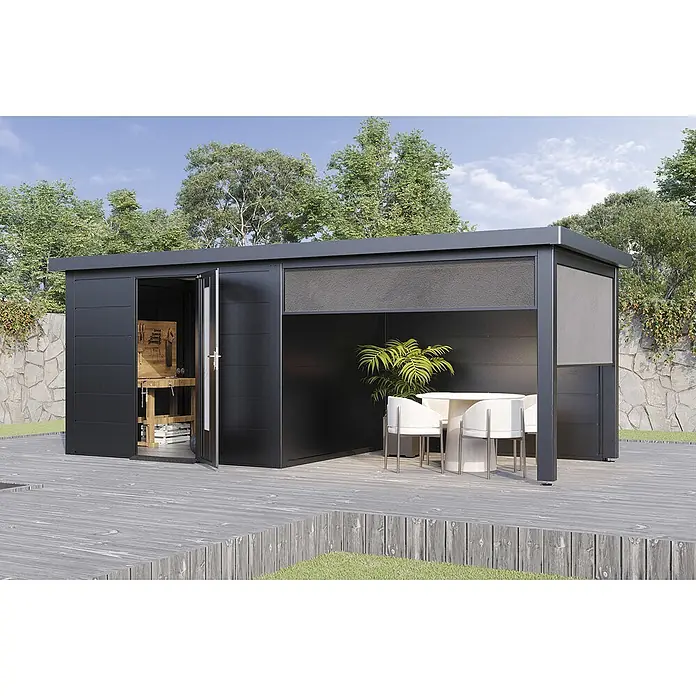 Wolff Finnhaus Gartenhaus Thorin Master Line - Außenmaß inkl. Dachüberstand (B x T): 610 x 272 cm, Metall, Anthrazit - Dunkelgraues Gartenhaus mit integrierter Terrasse und offener Werkstatt, auf einer Holzterasse.