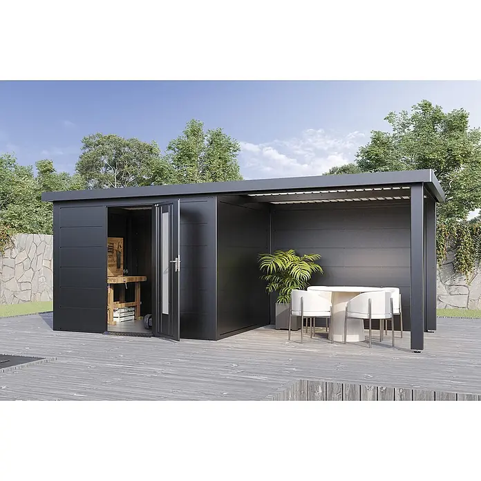Wolff Finnhaus Gartenhaus Thorin Master Line - Außenmaß inkl. Dachüberstand (B x T): 610 x 272 cm, Metall, Anthrazit - Moderner, dunkelgrauer Geräteschuppen mit integrierter offener Pergola, als Werkstatt und Essbereich auf einer Holzterrasse.