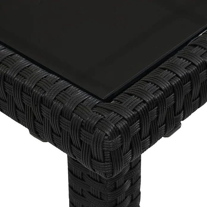 Mendler Poly-Rattan Garnitur HWC-G19 120x75cm - schwarz, Kissen dunkelgrau -  - Ecke eines schwarzen Tisches im Rattan-Stil mit schwarzer Glasplatte.