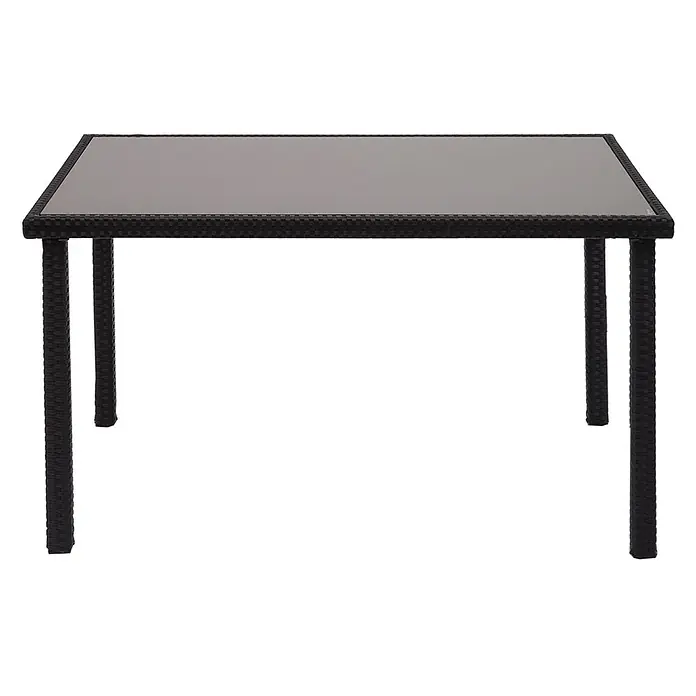 Mendler Poly-Rattan Garnitur HWC-G19 120x75cm - schwarz, Kissen dunkelgrau -  - Quadratischer Gartentisch mit dunkler Glasplatte und schwarzem Rattan-Geflechtrahmen und -Beinen.