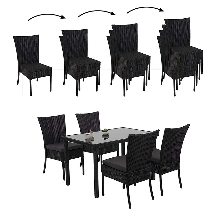 Mendler Poly-Rattan Garnitur HWC-G19 120x75cm - schwarz, Kissen dunkelgrau -  - Schwarzes Rattan-Essgruppe mit Glastisch und stapelbaren Stühlen, inkl. Kissen.