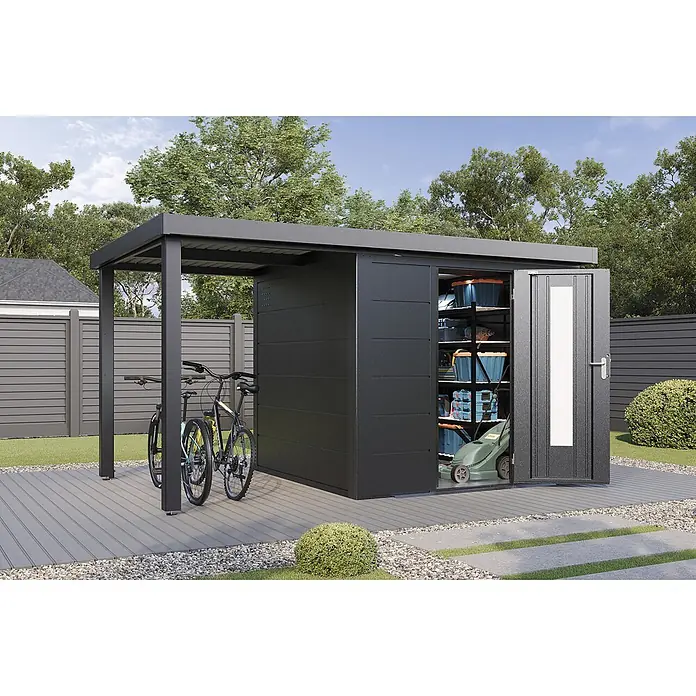 Wolff Finnhaus Gartenhaus Thorin Master Line - Außenmaß inkl. Dachüberstand (B x T): 399 x 272 cm, Metall, Anthrazit - Moderner anthrazitfarbener Gartenschuppen mit integriertem Carport zur Fahrrad- und Gerätaufbewahrung.