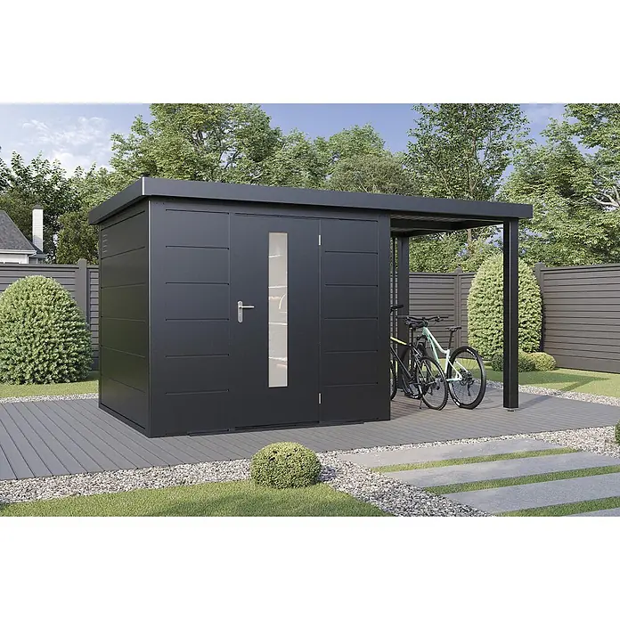 Wolff Finnhaus Gartenhaus Thorin Master Line - Außenmaß inkl. Dachüberstand (B x T): 399 x 272 cm, Metall, Anthrazit - Dunkelgraues Metall-Gartenhaus mit integriertem Carport zur Lagerung und als Fahrradunterstand.