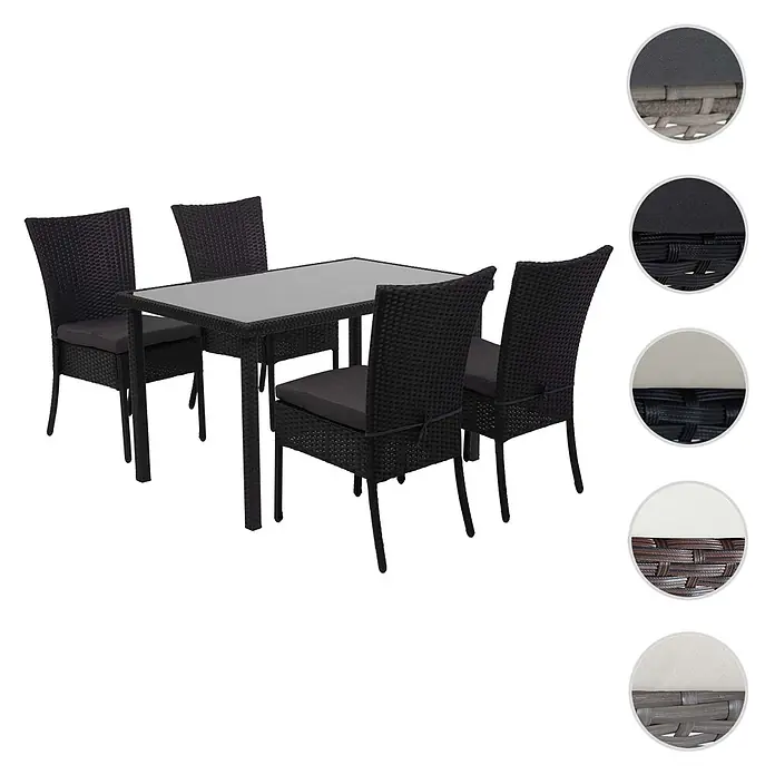 Mendler Poly-Rattan Garnitur HWC-G19 120x75cm - schwarz, Kissen dunkelgrau -  - Fünfteiliges schwarzes Rattan-Gartenset mit Glastisch und vier Stühlen mit grauen Kissen.