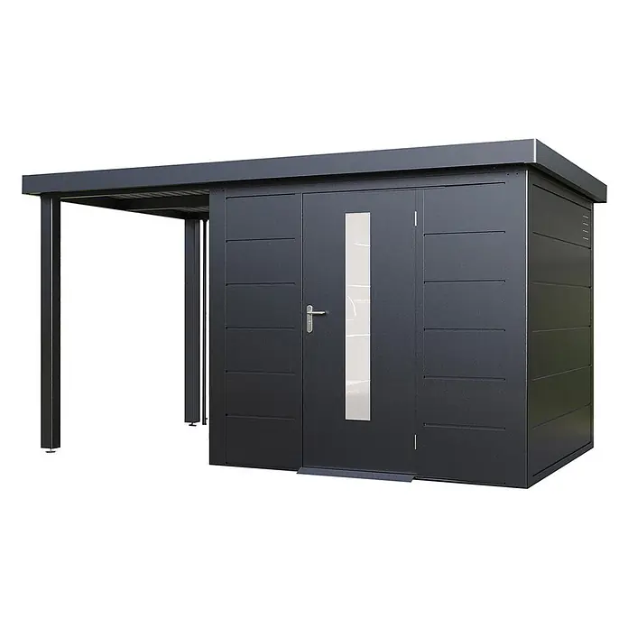 Wolff Finnhaus Gartenhaus Thorin Master Line - Außenmaß inkl. Dachüberstand (B x T): 399 x 272 cm, Metall, Anthrazit - Moderner dunkelgrauer Metall-Gartenschuppen mit Doppeltüren, vertikalem Fenster und integriertem Seitenunterstand.