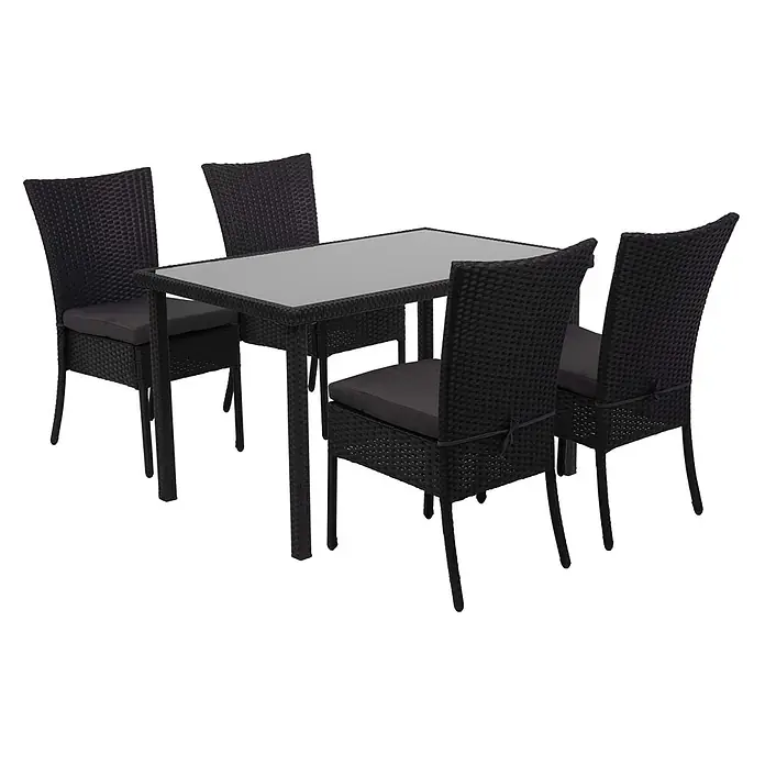 Mendler Poly-Rattan Garnitur HWC-G19 120x75cm - schwarz, Kissen dunkelgrau -  - Schwarzes Rattan-Gartenessgruppe mit einem grauen Glastisch und vier Stühlen mit dunkelgrauen Kissen.