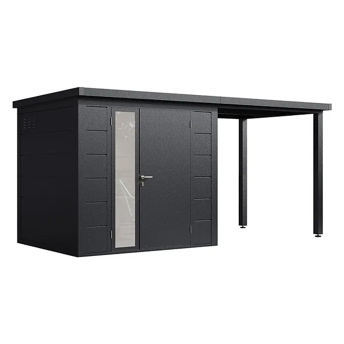 Wolff Finnhaus Gartenhaus Linnea Prime Line - Außenmaß inkl. Dachüberstand (B x T): 460 x 220 cm, Metall, Anthrazit - Dunkelgrauer Metallschuppen mit transparenter Türverkleidung und integriertem Anbaudach.