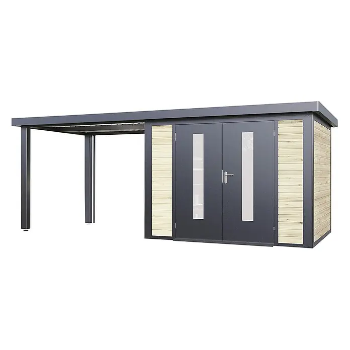 Wolff Finnhaus Gartenhaus Alvar Master Line - Außenmaß inkl. Dachüberstand (B x T): 610 x 272 cm, Holz, Naturhell - Moderner dunkelgrauer Metall-Gartenschuppen mit hellen Holzverkleidungen und integriertem offenem Carport links.
