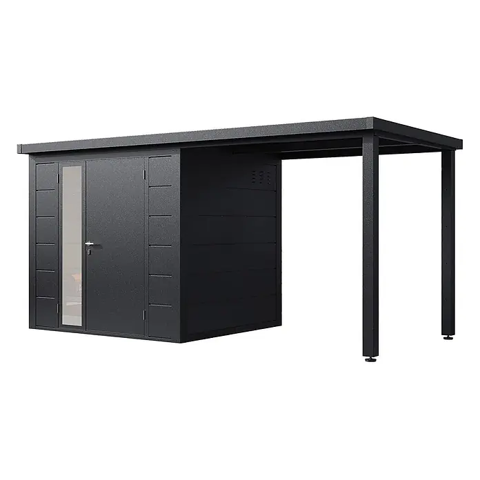 Wolff Finnhaus Gartenhaus Linnea Prime Line - Außenmaß inkl. Dachüberstand (B x T): 460 x 220 cm, Metall, Anthrazit - Dunkelgraues Metall-Gartenhaus mit Tür, Glaseinsatz und integriertem offenem Carport/Unterstand.