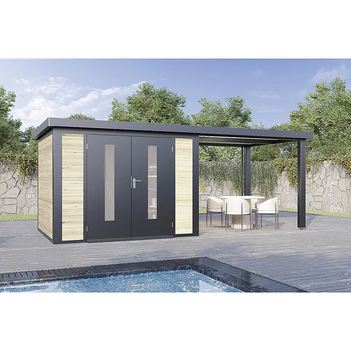 Wolff Finnhaus Gartenhaus Alvar Master Line - Außenmaß inkl. Dachüberstand (B x T): 610 x 272 cm, Holz, Naturhell - Moderner dunkelgrauer Gartenhaus mit hellen Holzpaneelen und integrierter Pergola, neben einem Pool auf einer Holzterrasse.
