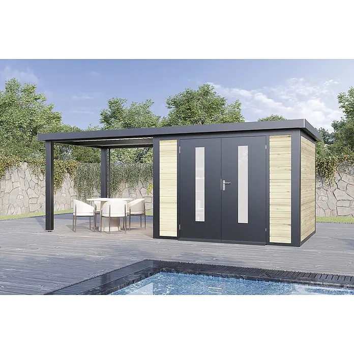 Wolff Finnhaus Gartenhaus Alvar Master Line - Außenmaß inkl. Dachüberstand (B x T): 610 x 272 cm, Holz, Naturhell - Moderner dunkelgrauer Geräteschuppen mit heller Holzverkleidung und integrierter grauer Pergola, bietet Essbereich am Pool.