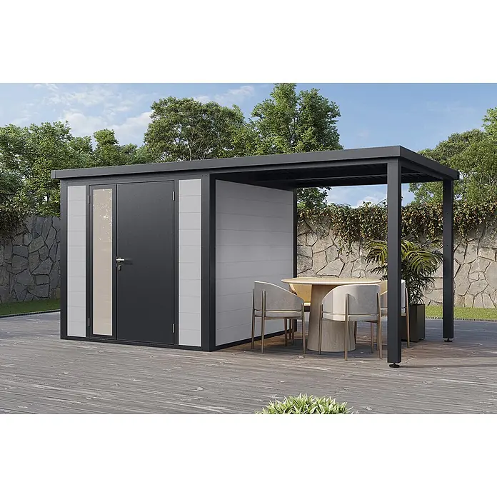 Wolff Finnhaus Gartenhaus Juna Prime Line - Außenmaß inkl. Dachüberstand (B x T): 460 x 247 cm, Verbundwerkstoff, Anthrazit - Moderner anthrazit-weißer Gartenschuppen mit integrierter Pergola, bietet Stauraum und stilvollen Außenwohnbereich.