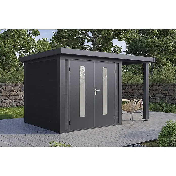 Wolff Finnhaus Gartenhaus Olin Master Line - Außenmaß inkl. Dachüberstand (B x T): 399 x 272 cm, Verbundwerkstoff, Anthrazit - Moderner, dunkelgrauer Gartenhaus mit Doppeltür, Verglasung und Vordach auf Holzterrasse, für Stauraum und Entspannung.