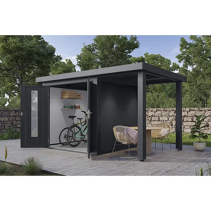 Wolff Finnhaus Gartenhaus Olin Master Line - Außenmaß inkl. Dachüberstand (B x T): 399 x 272 cm, Verbundwerkstoff, Anthrazit - Anthrazitfarbener Gartenschuppen mit integrierter Pergola auf Holzterrasse, für Fahrradlagerung und Essbereich.